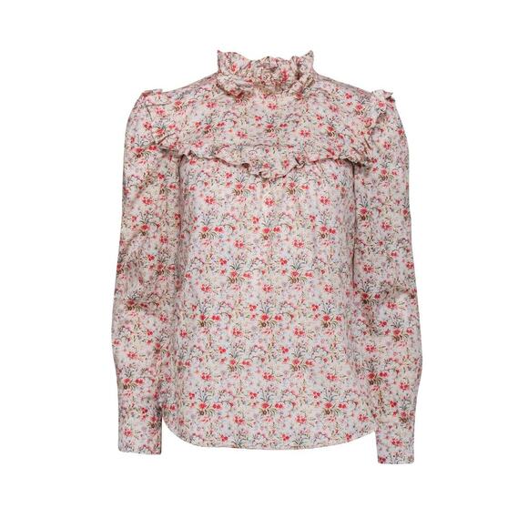 La Vie by Rebecca Taylor Tops - La Vie by Rebecca Taylor Floral Ruffle Neck Blouse Cream w/ Red & Green Small